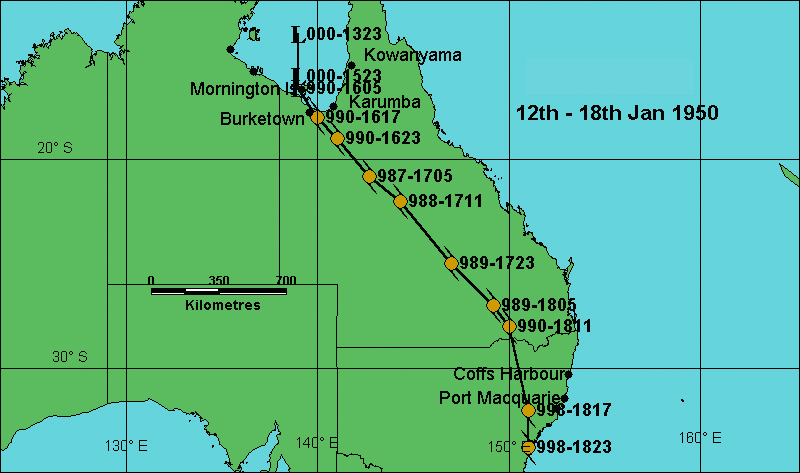Track map: tropical cyclone tracking to Sydney in 1950