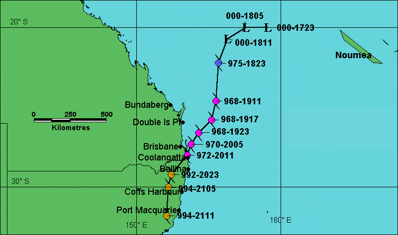 Track map: severe tropical cyclone Tweed Heads February 1954