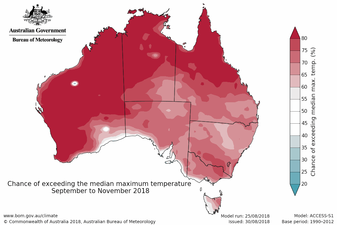 Map showing the chance of exceeding the median maximum temperature September–November 2018. 