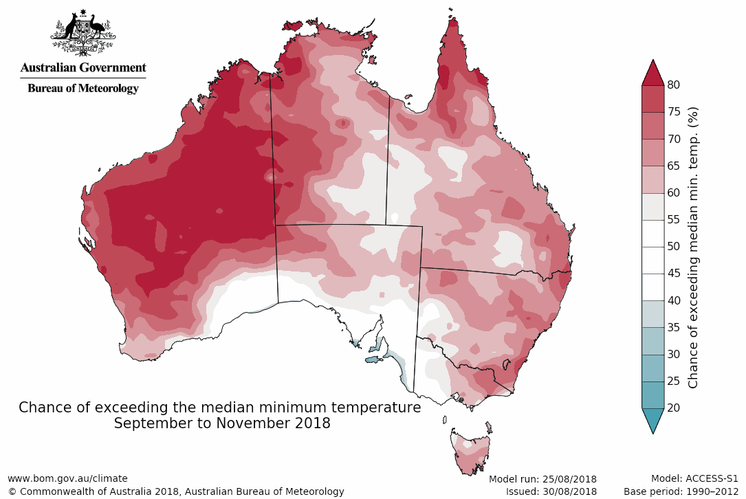 Map showing the chance of exceeding median minimum temperature September–November 2018