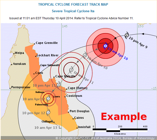 Tropical cyclone Ita forecast track map issued at 11.01 am EST Thursday 10 April 2014. Shows cyclone tracking towards the  Queensland coast between Cape Melville and Cape Flattery.