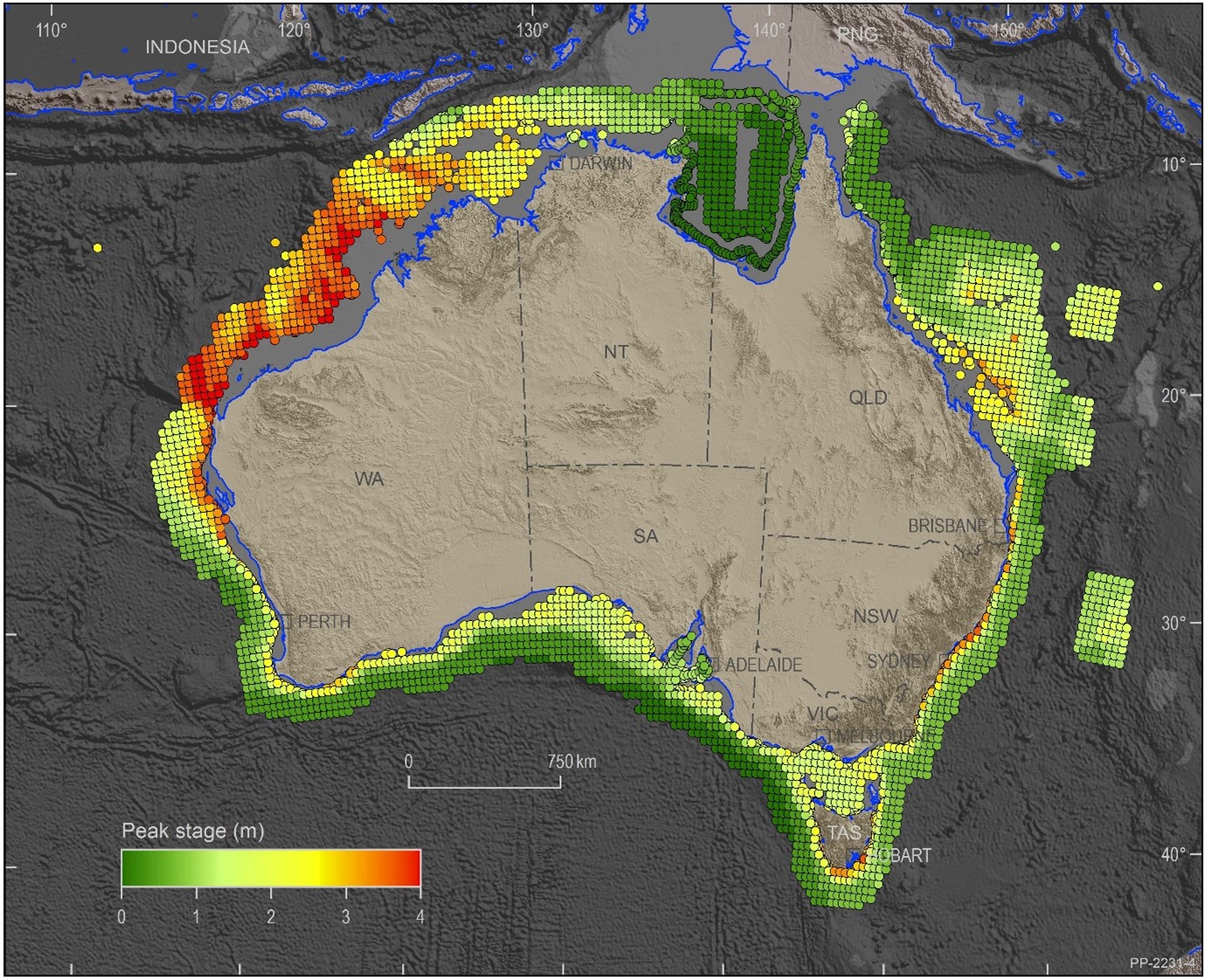 Map of Australia showing modelled one-in-1000-year tsunami wave height in the waters offshore.