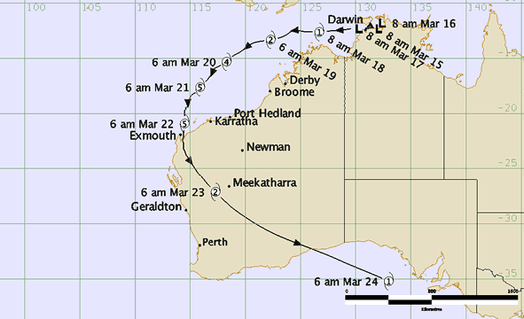 Track map for cyclone Vance, showing timeline, path and intensity.