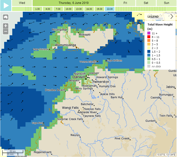Example map showing the wave height forecast around Darwin