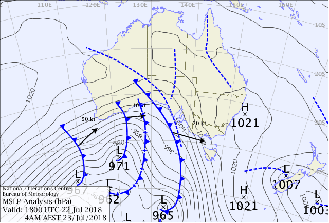 Weather map showing a succession of cold fronts advancing across the southern half of Australia.
