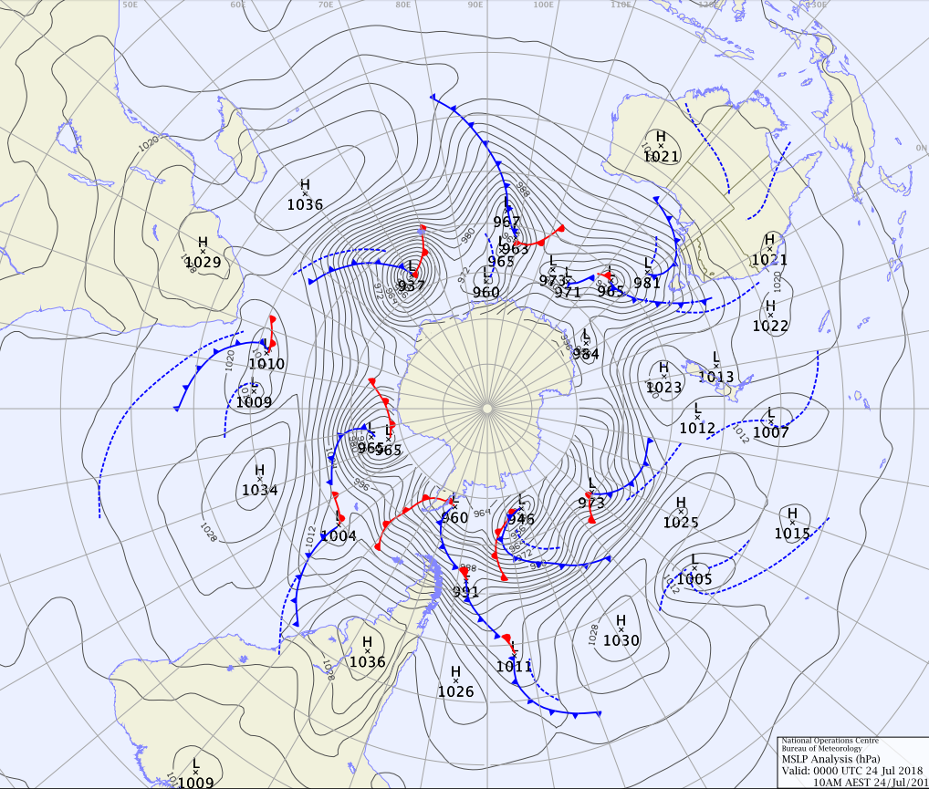 Weather map of southern hemisphere showing warm fronts as well as cold fronts.