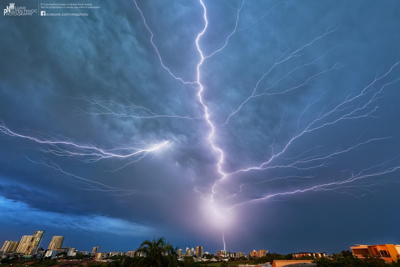 Vivid, blue 'crawler' lightning in a dark sky, with many branches 'crawling' out to either side