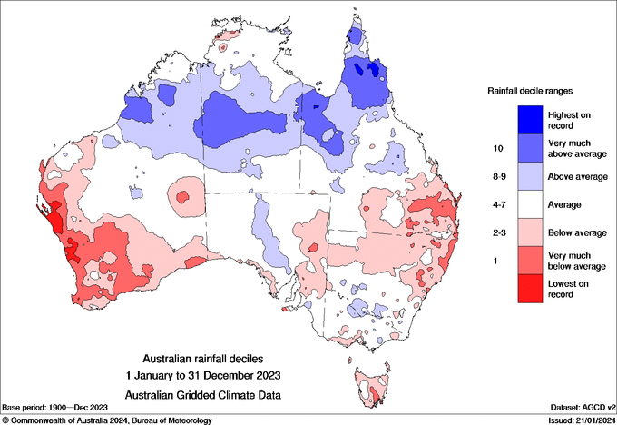Map: Australia's mean rainfall in 2023.