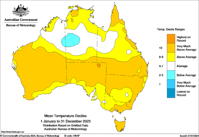 Map: Australia's mean temperature in 2023.