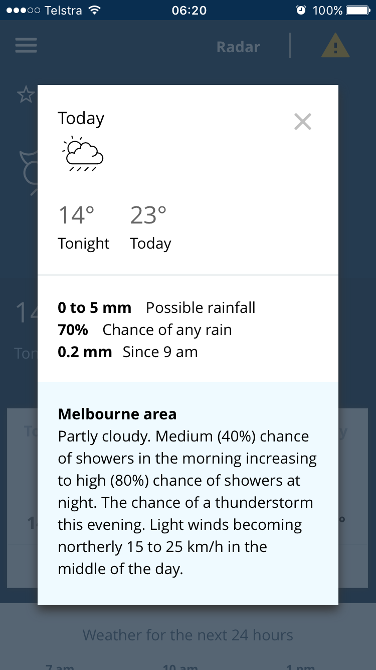 Mobile app screen shot of detailed forecast