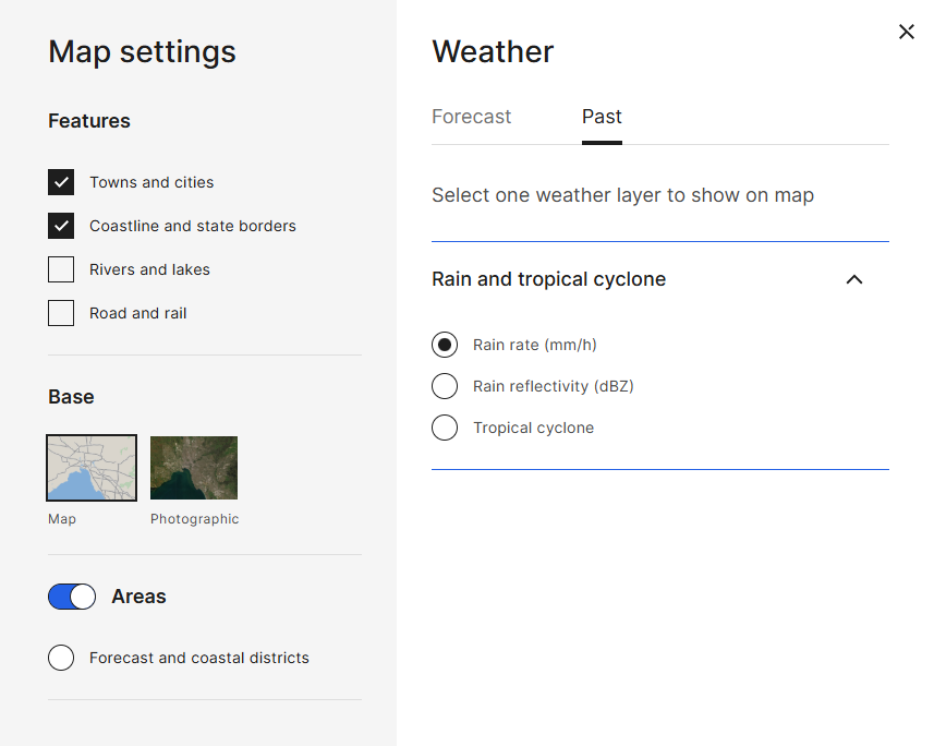 Map settings and past weather viewing options on website.